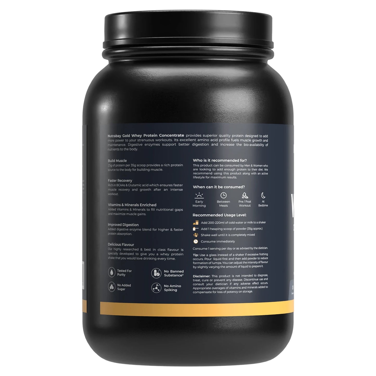 Black protein supplement container with text on a white background