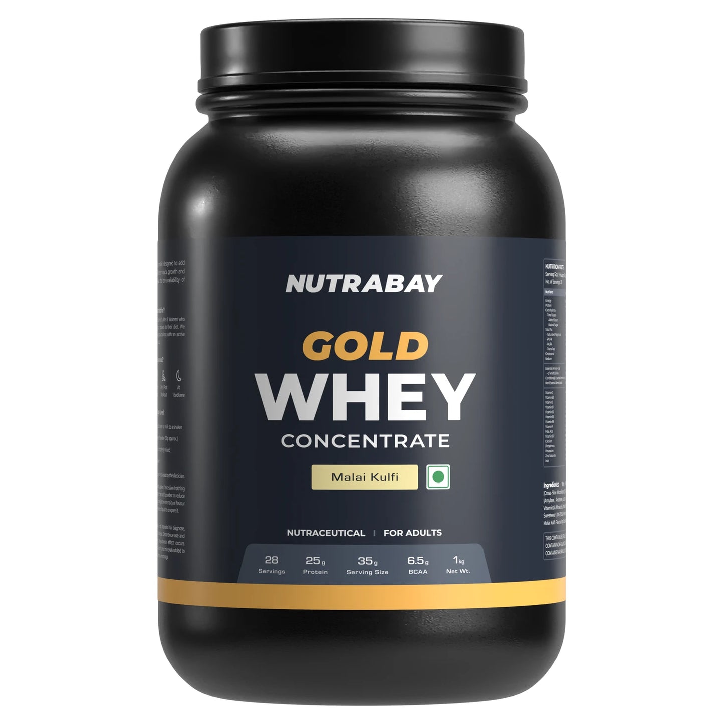 Black container of Nutrabay Gold Whey Concentrate on a white background