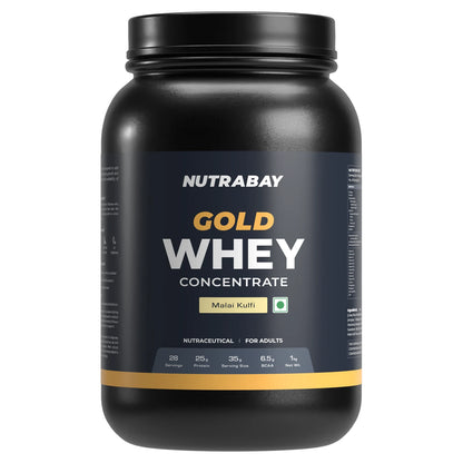 Black container of Nutrabay Gold Whey Concentrate on a white background
