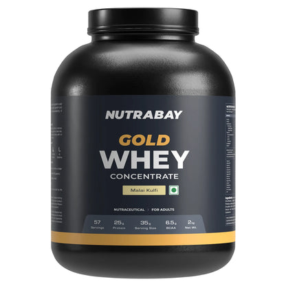 Nutrabay Gold Whey Concentrate protein powder container on a white background