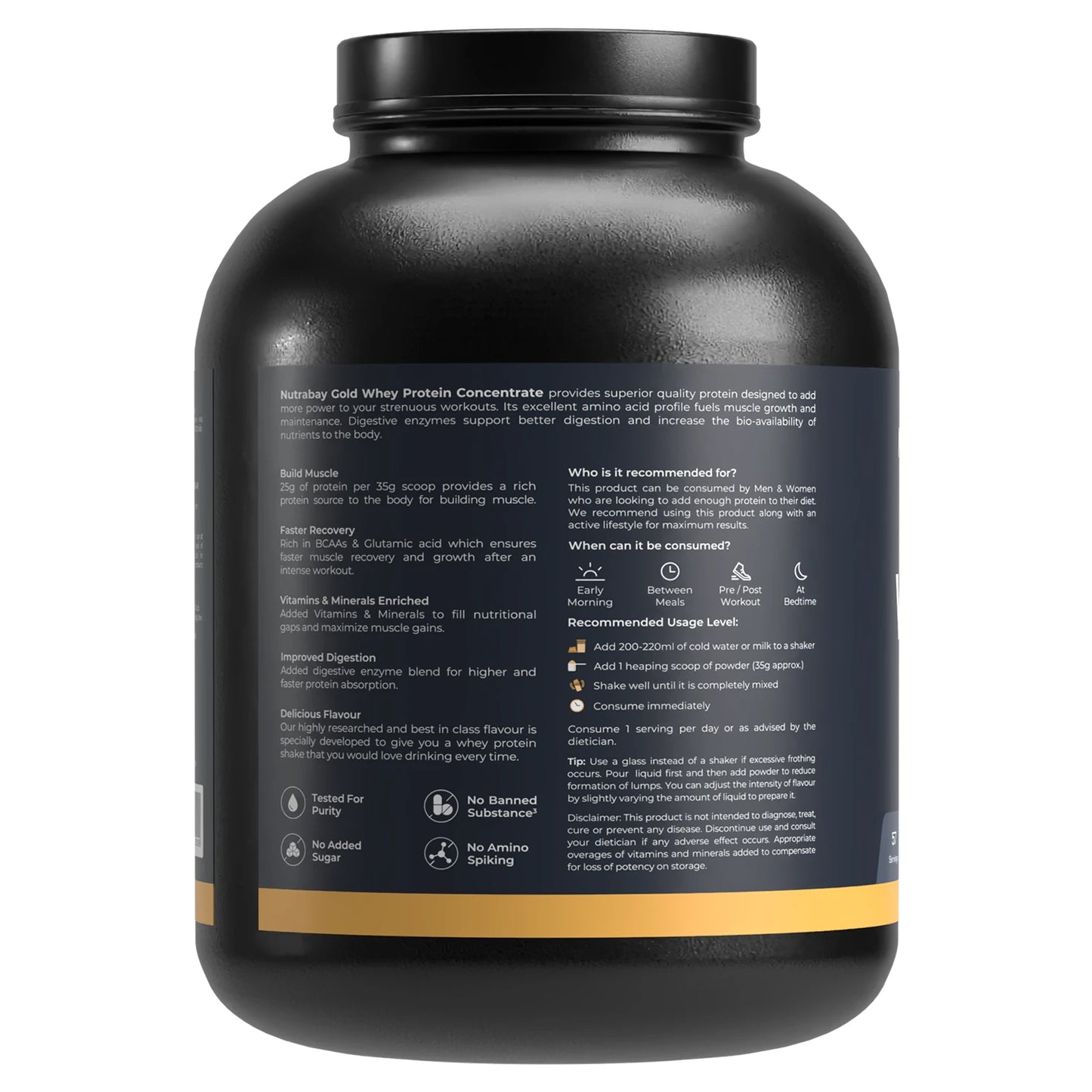 Black protein supplement container with text on a white background