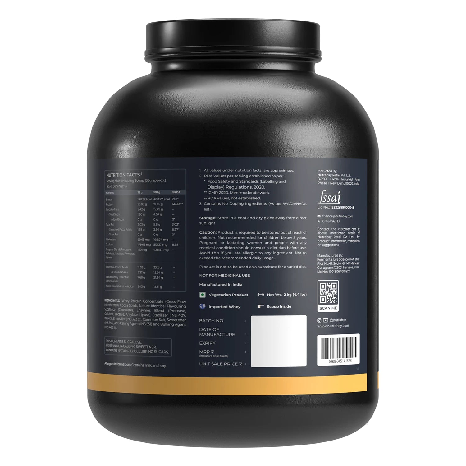 Black protein powder container with label on a white background