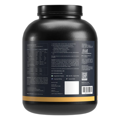 Black protein powder container with label on a white background