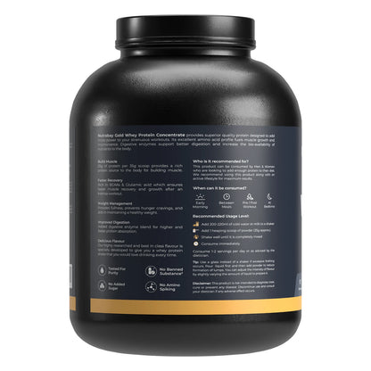 Black protein supplement container with text on a white background
