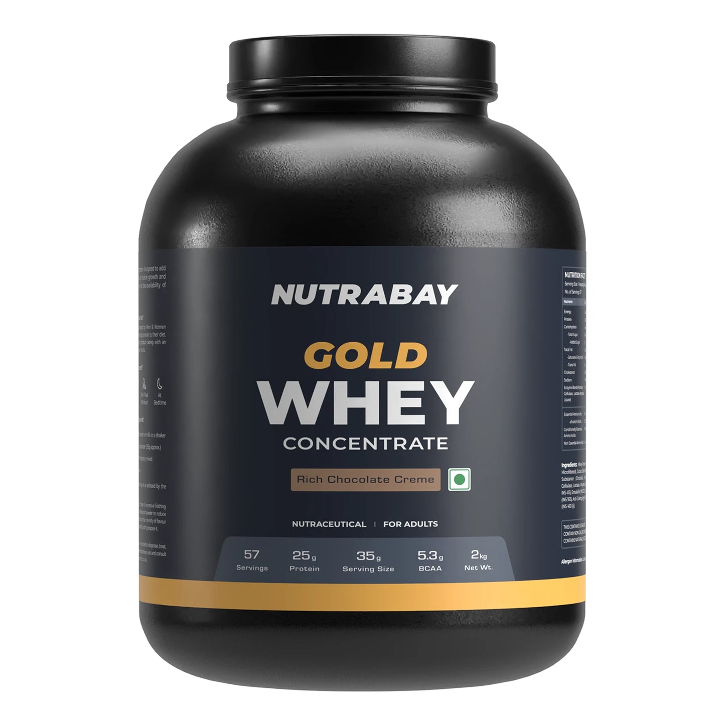 Black container of Nutrabay Gold Whey Concentrate protein powder on a white background