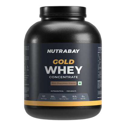 Black container of Nutrabay Gold Whey Concentrate protein powder on a white background
