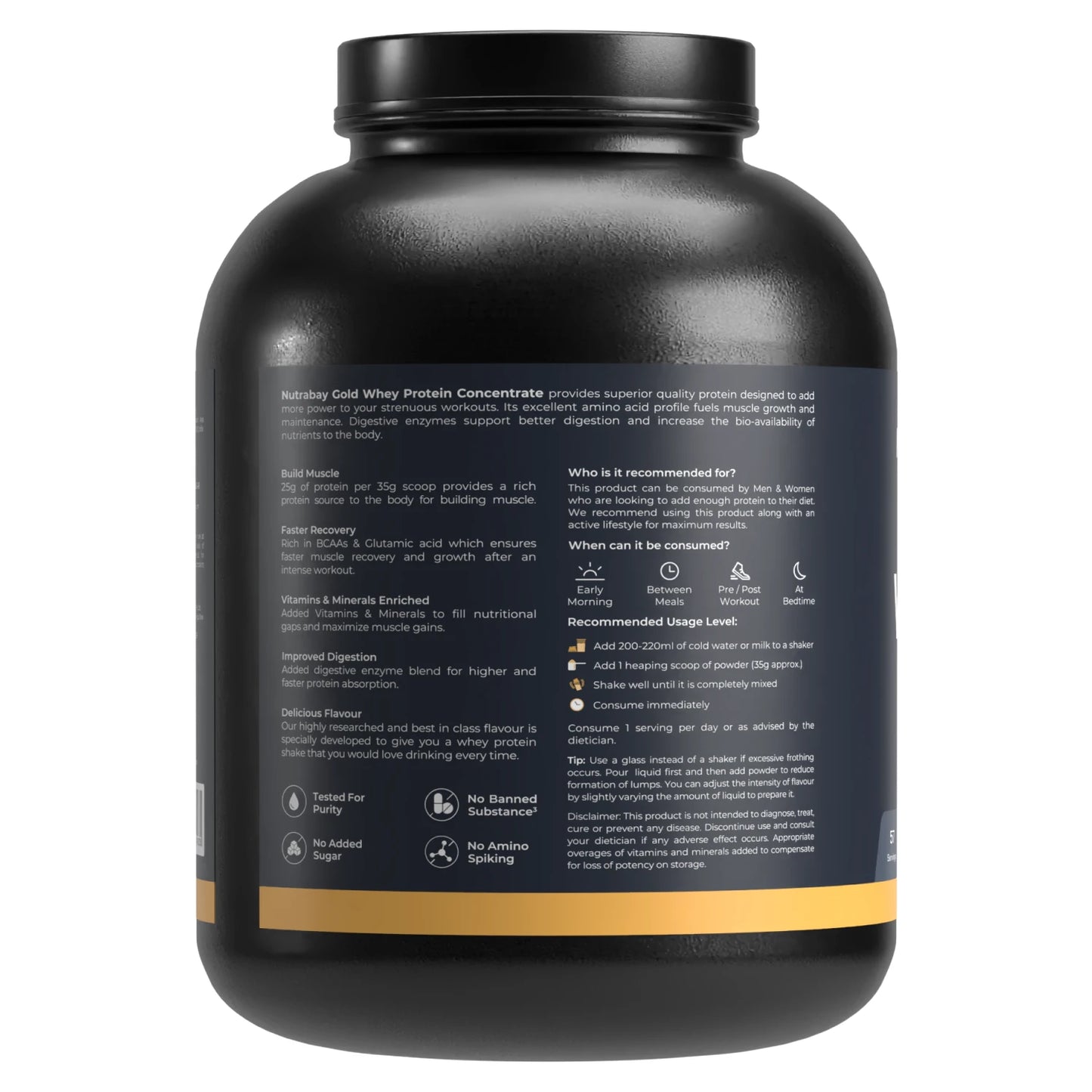Black protein supplement container with text on a white background
