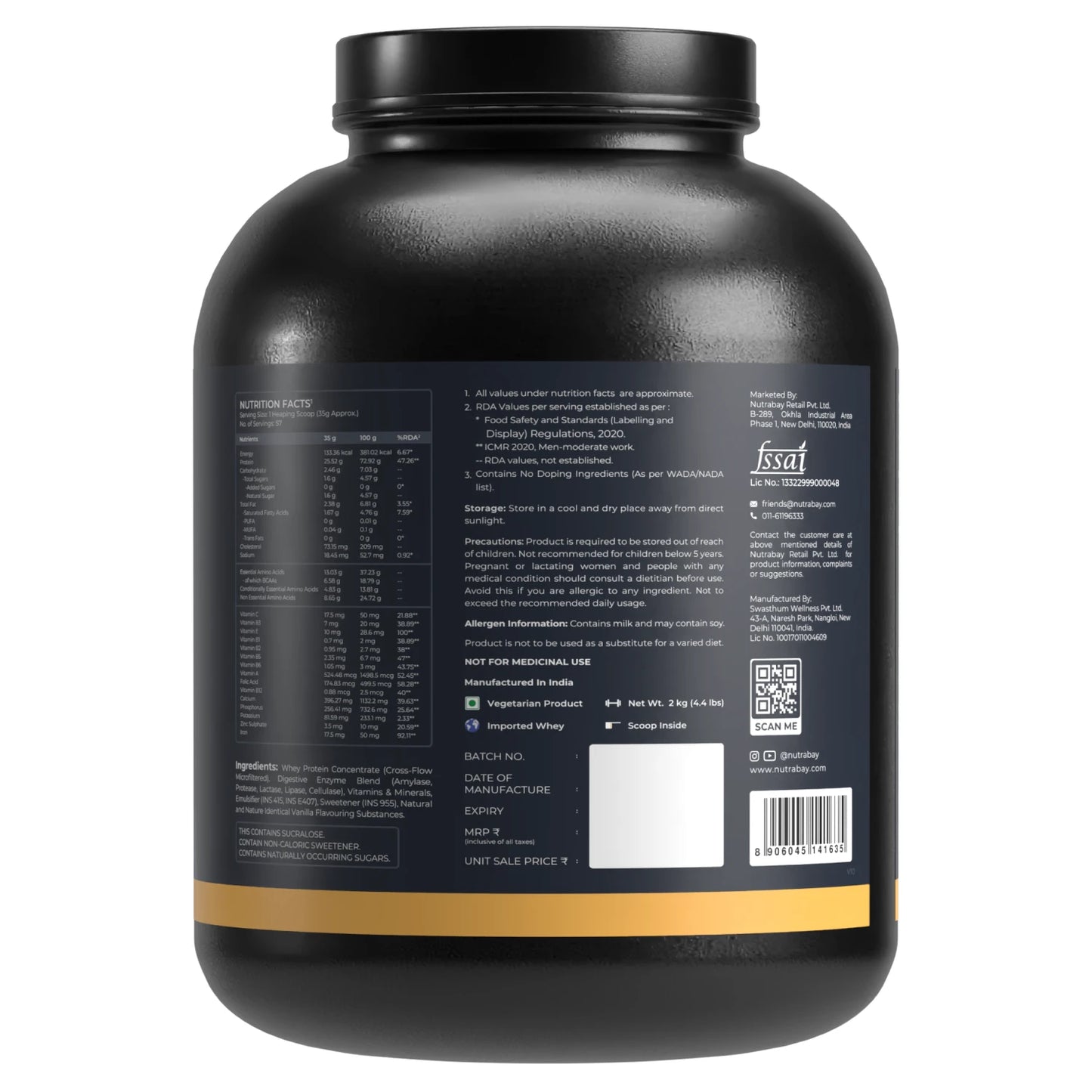Black protein powder container with label on a white background