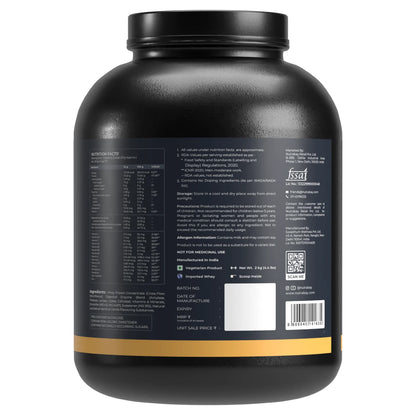 Black protein powder container with label on a white background