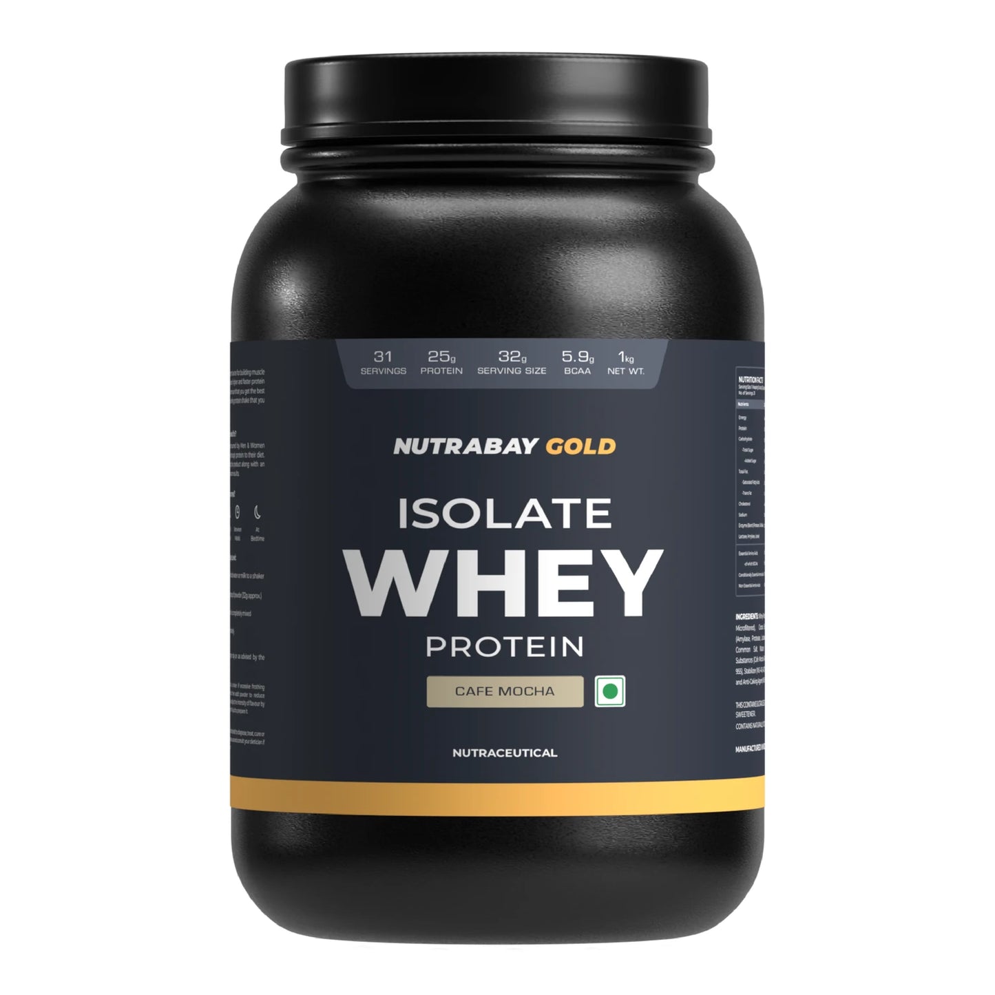 Black container of Nutrabay Gold Isolate Whey Protein on a white background
