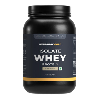 Black container of Nutrabay Gold Isolate Whey Protein on a white background