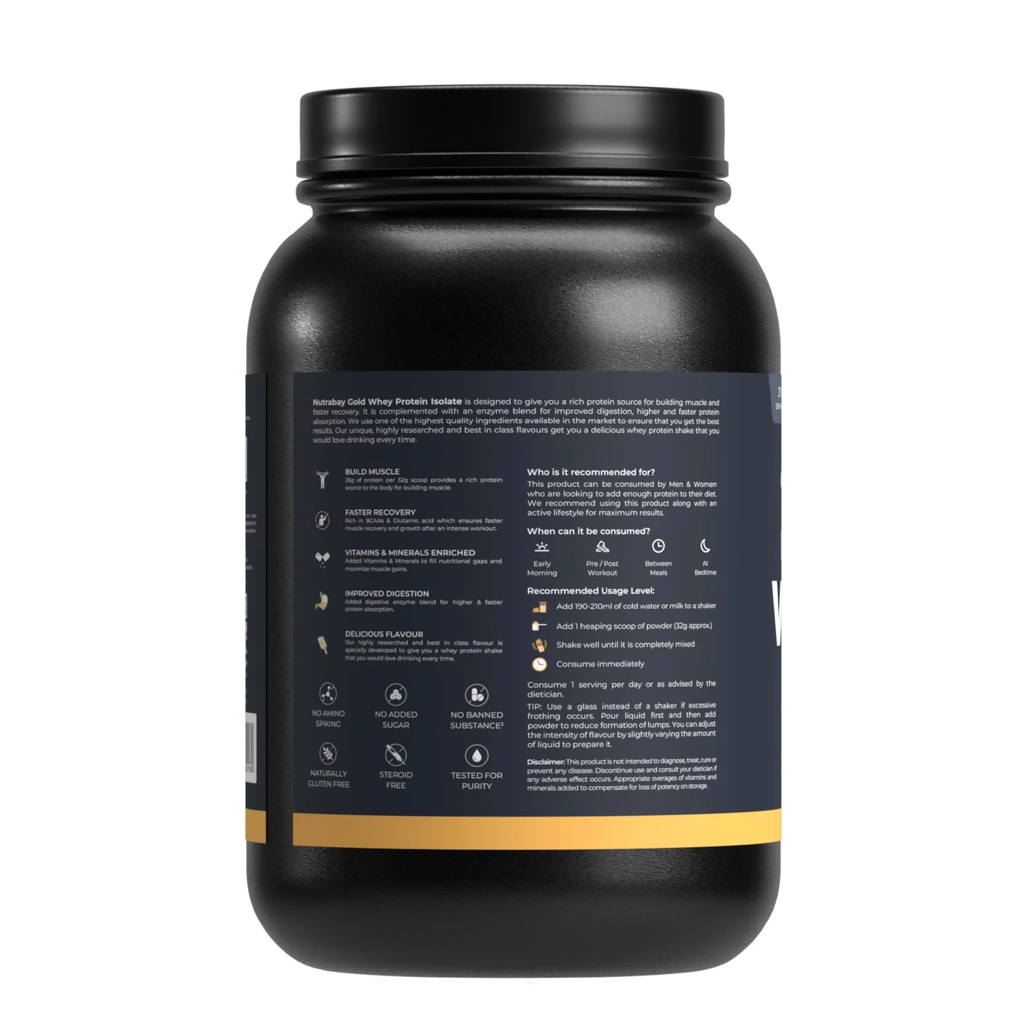 Black protein powder container with a label on a white background