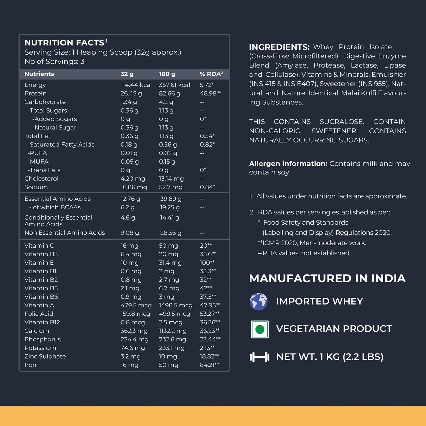 Nutrition facts and ingredients label for a protein product on a dark background