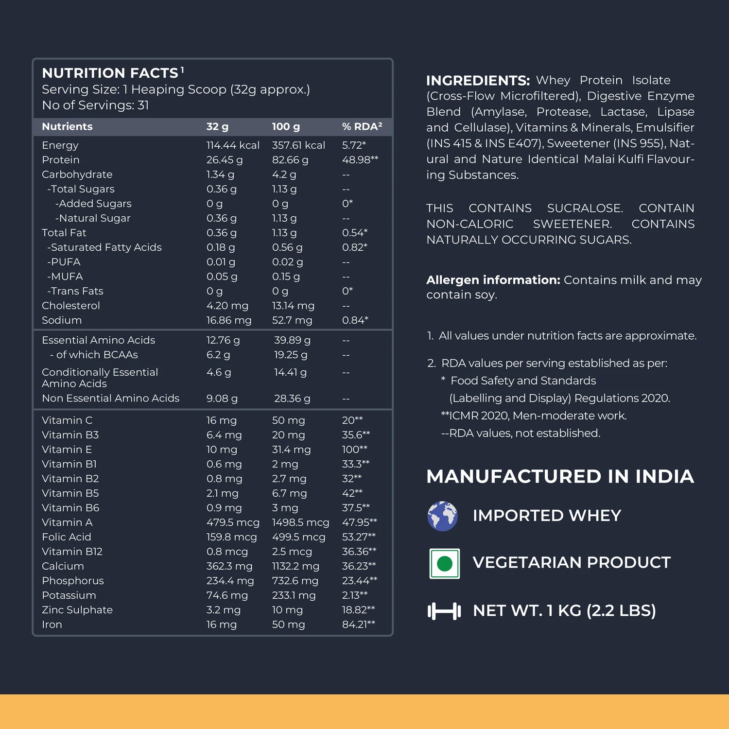 Nutrition facts and ingredients label for a protein product on a dark background
