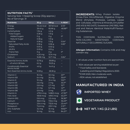 Nutrition facts and ingredients label for a protein product on a dark background