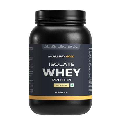 Black container of Nutrabay Gold Isolate Whey Protein on a white background