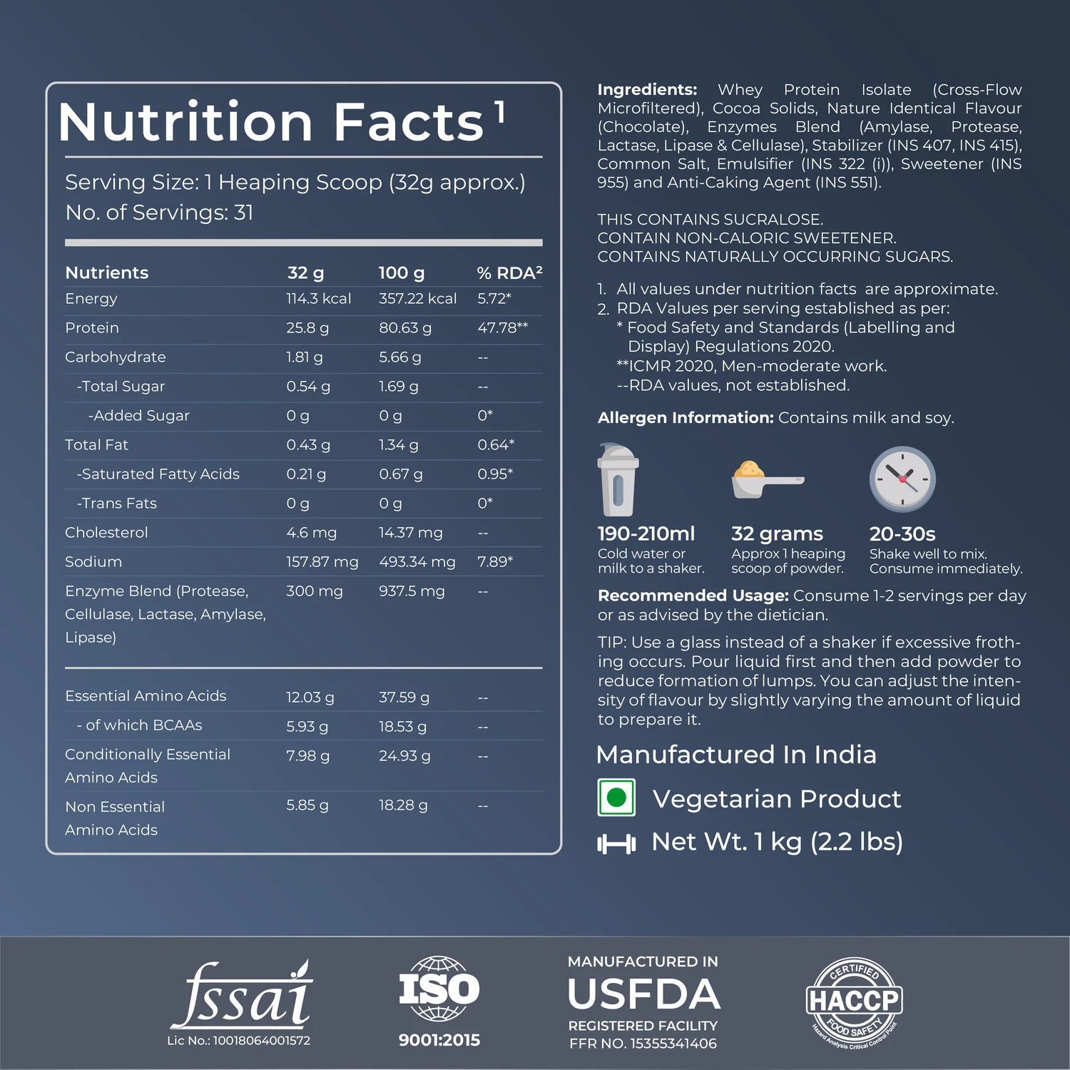 Nutrition facts label with detailed information on a dark blue background
