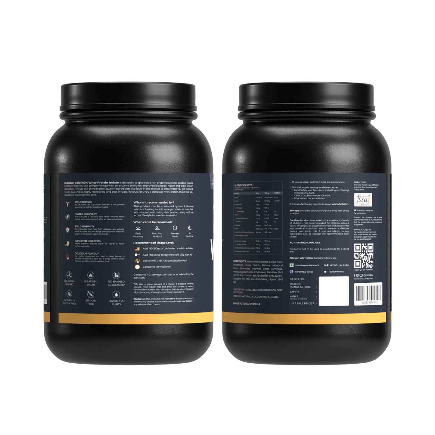 Two black protein powder containers with labels on a white background