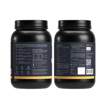 Two black protein powder containers with labels on a white background