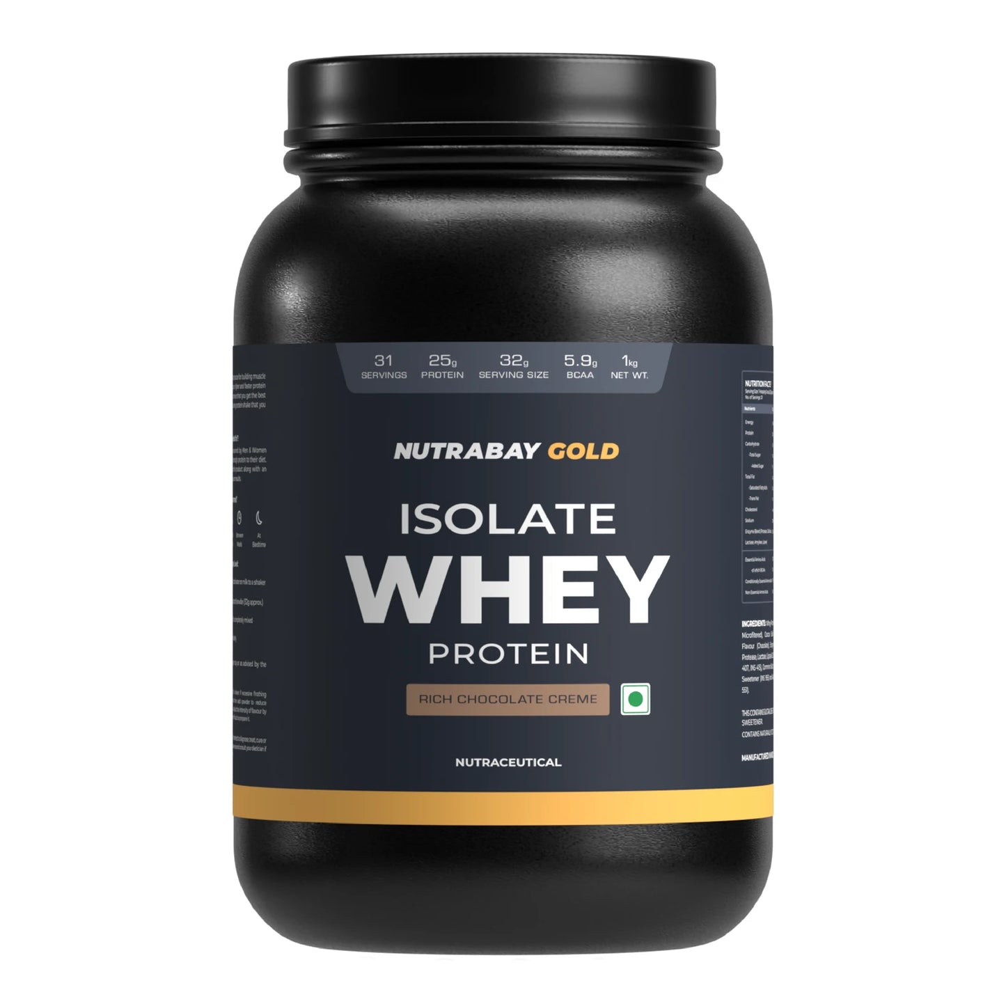 Black container of Nutrabay Gold Isolate Whey Protein on a white background