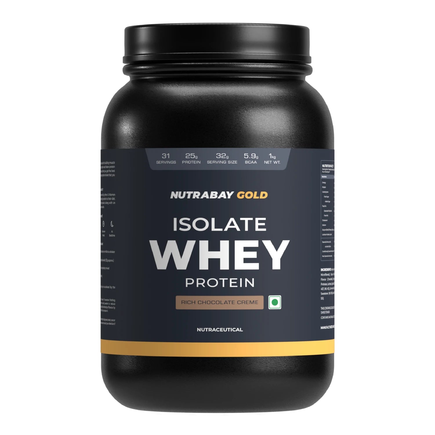 Black container of Nutrabay Gold Isolate Whey Protein on a white background