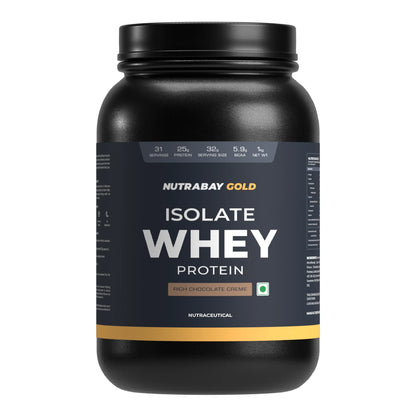 Black container of Nutrabay Gold Isolate Whey Protein on a white background