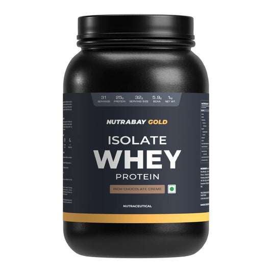 Black container of Nutrabay Gold Isolate Whey Protein on a white background