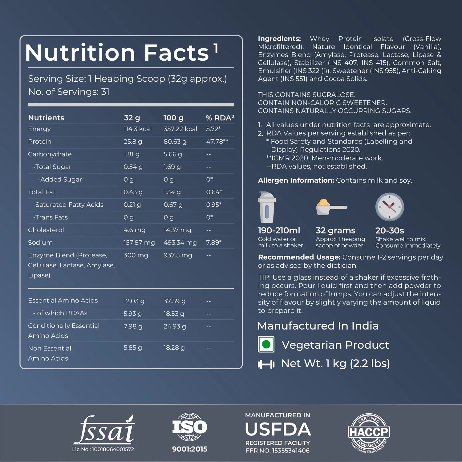 Nutrition facts label with various certifications on a blue background