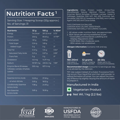Nutrition facts label with various certifications on a blue background