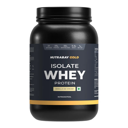 Black container of Nutrabay Gold Isolate Whey Protein on a white background