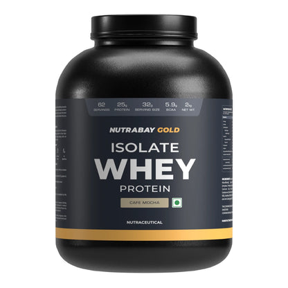 Black container of Nutrabay Gold Isolate Whey Protein on a white background