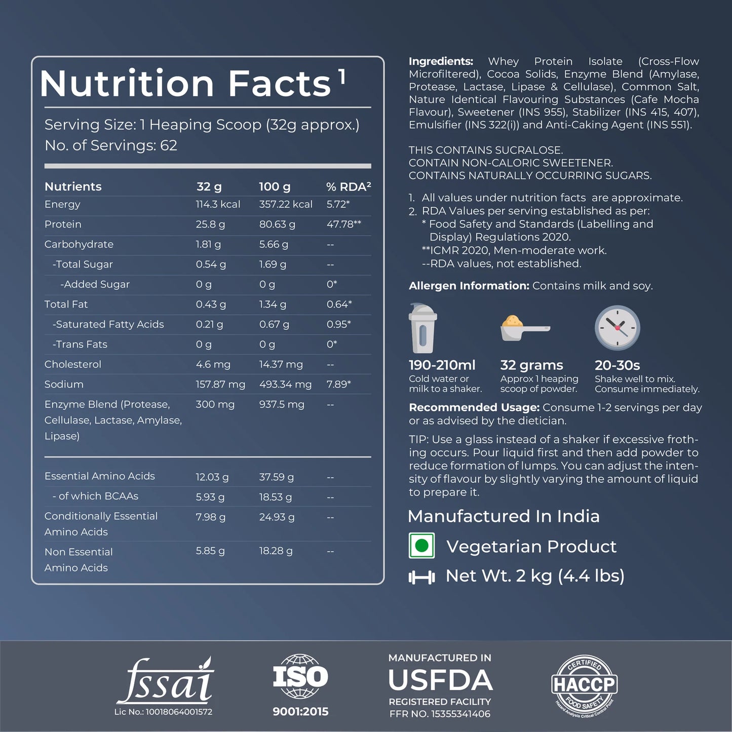 Nutrition facts label with product details on a blue background