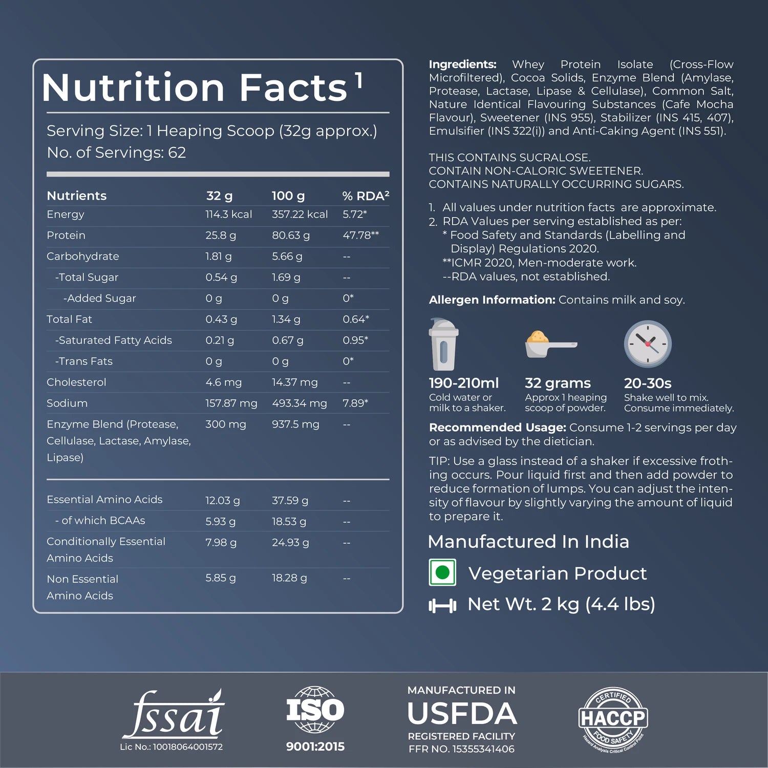 Nutrition facts label with product details on a blue background