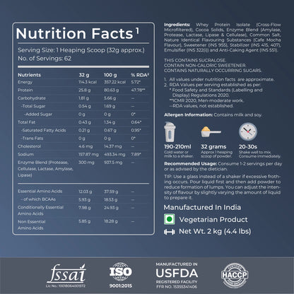 Nutrition facts label with product details on a blue background