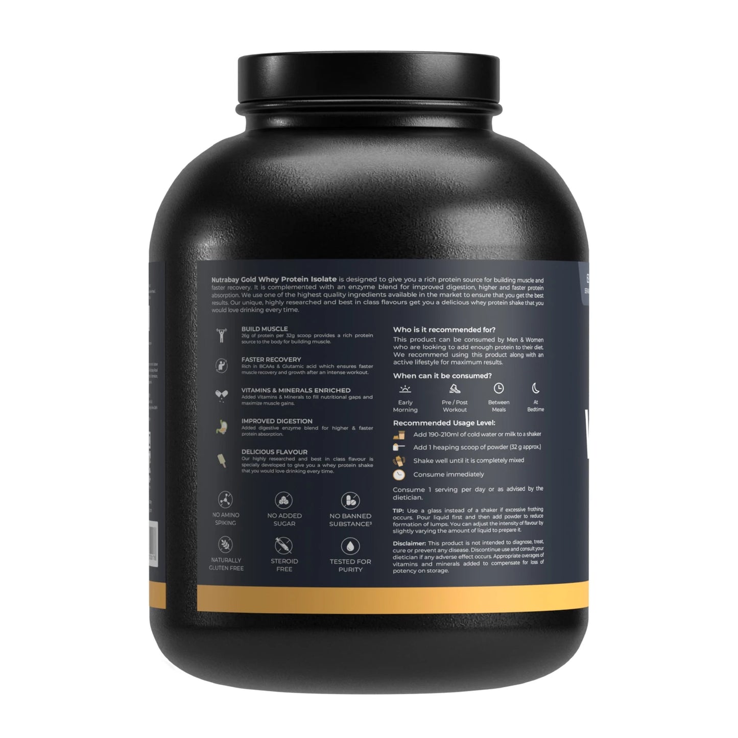 Black protein supplement container with a label on a white background