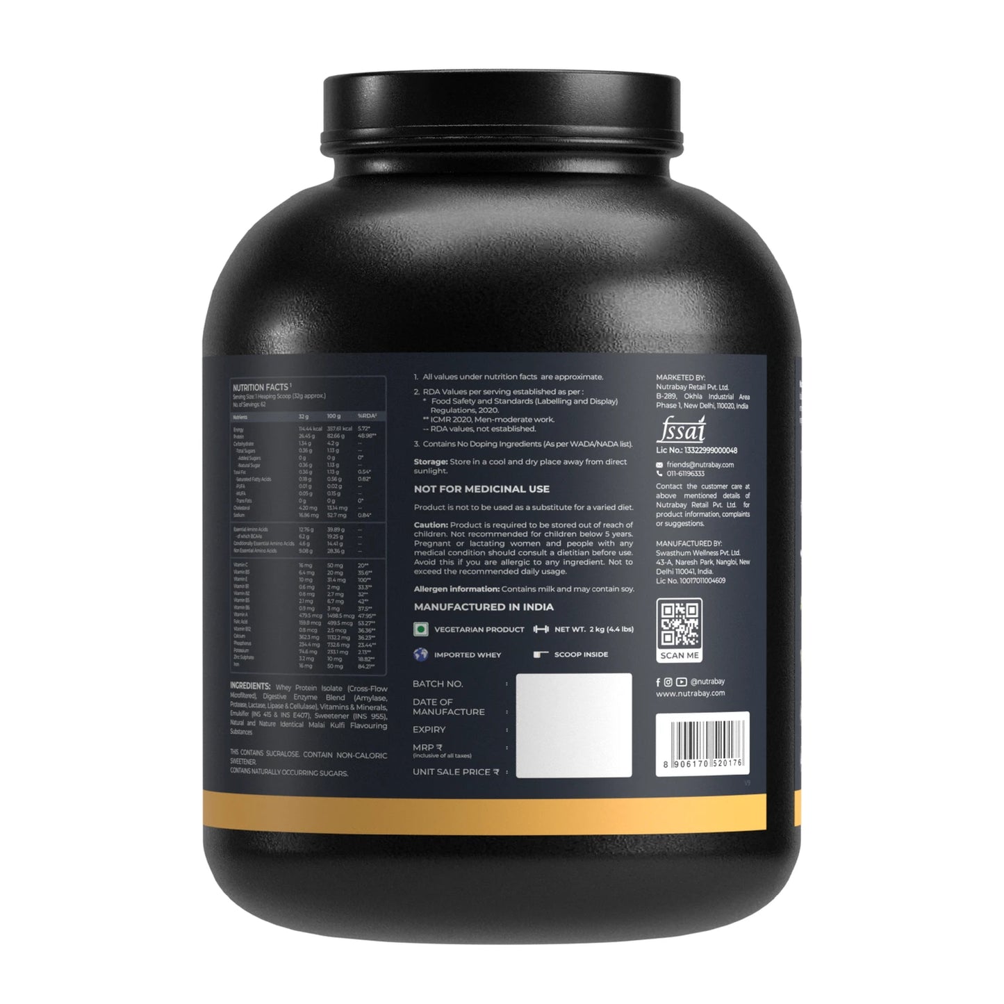 Black protein powder container with label on a white background