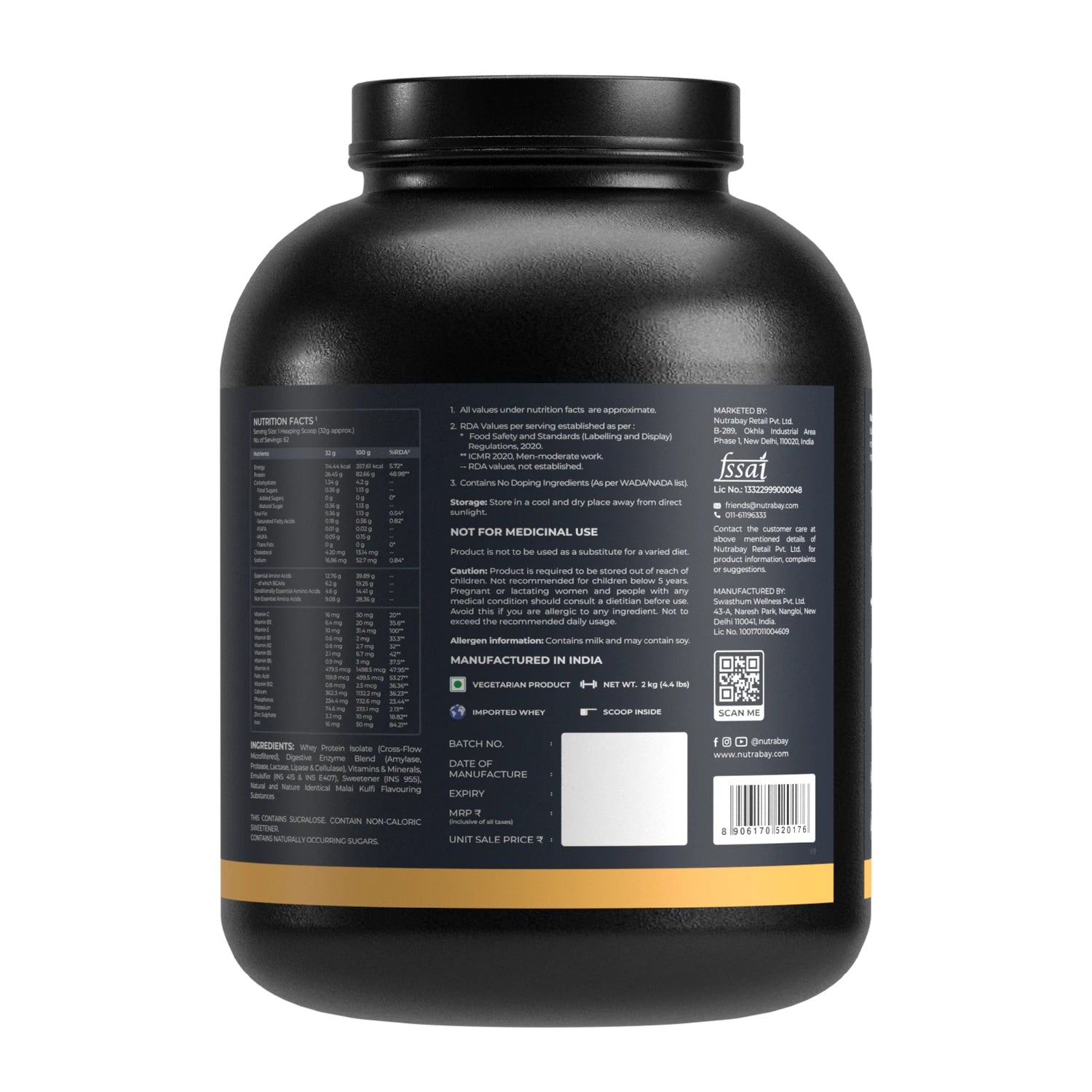 Black protein powder container with label on a white background