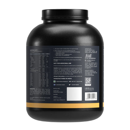 Black protein powder container with label on a white background