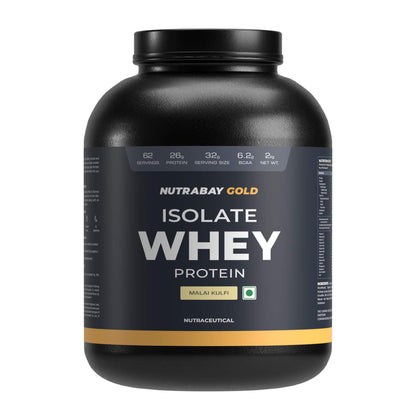 Black container of Nutrabay Gold Isolate Whey Protein on a white background