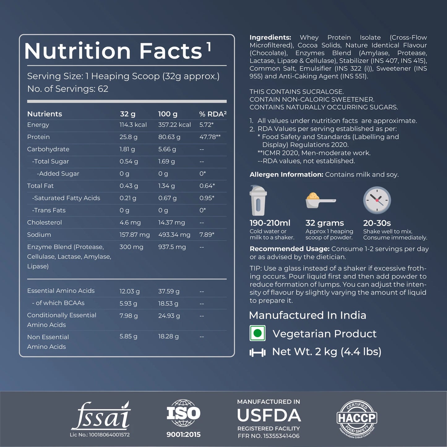Nutrition facts label for a protein supplement with various certifications at the bottom.