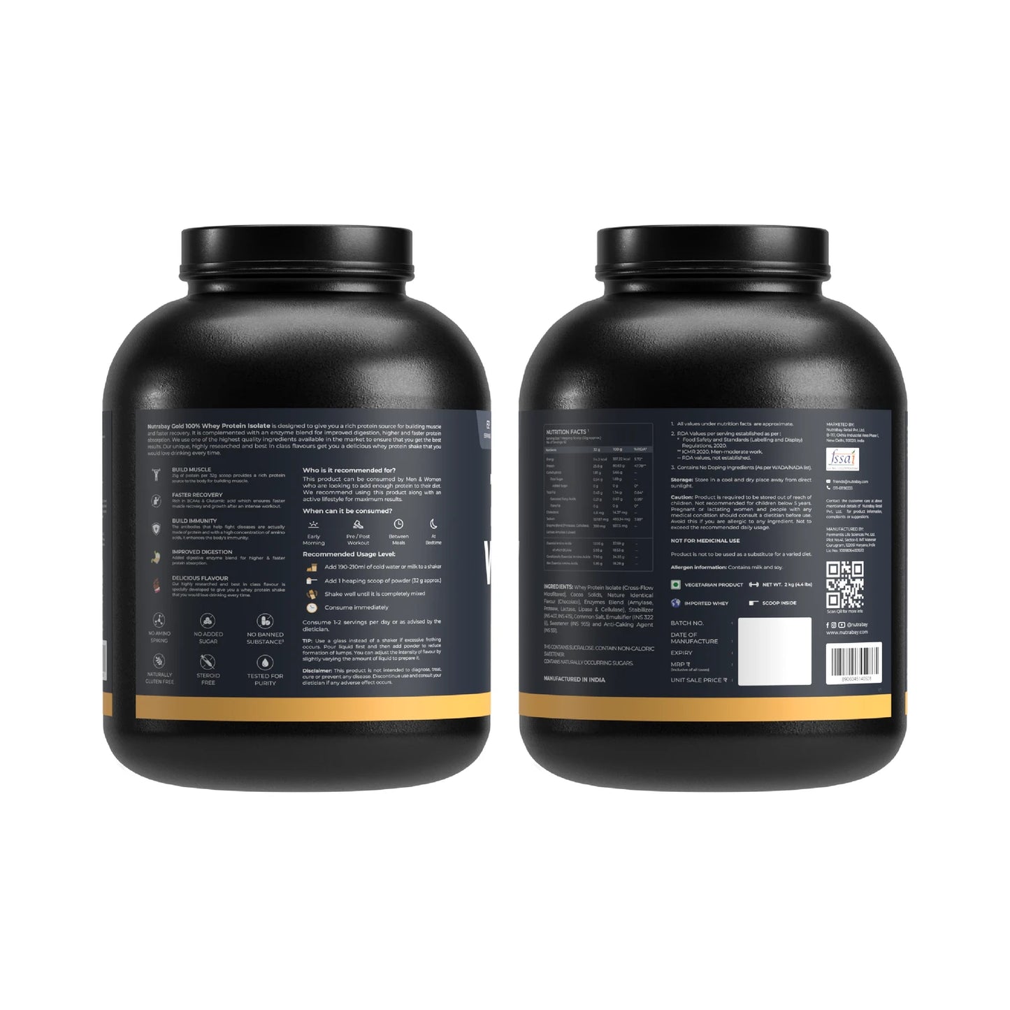Two black protein powder containers with labels on a white background