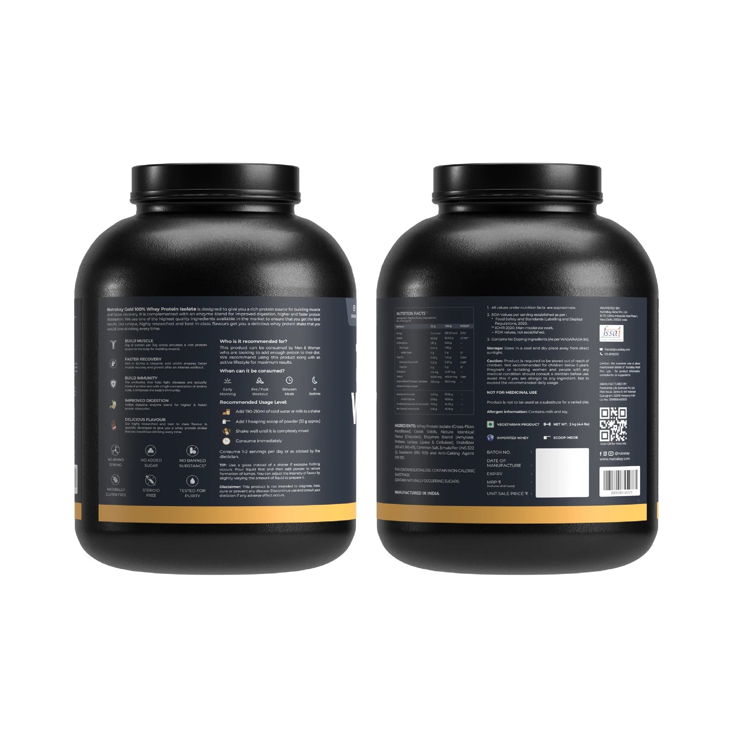 Two black protein powder containers with labels on a white background