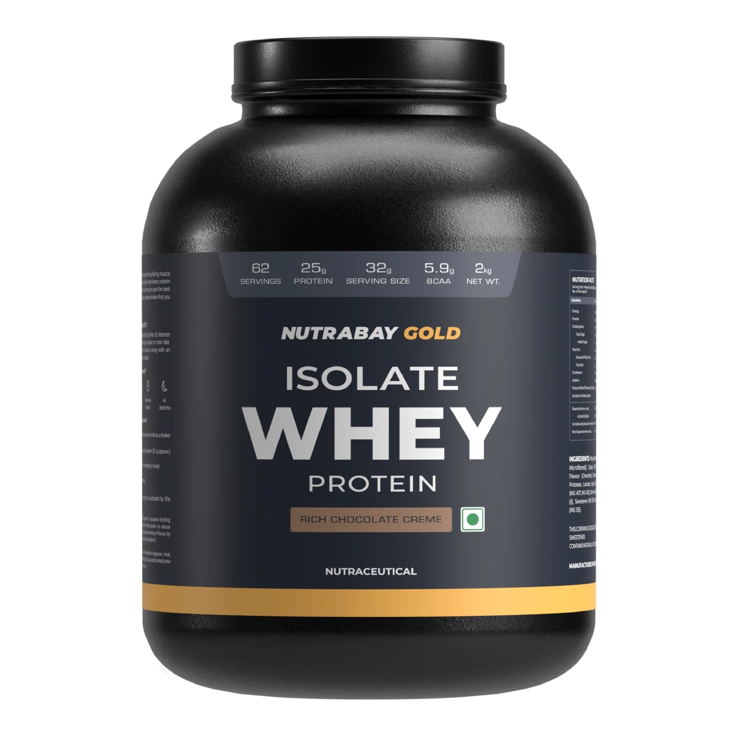 Black container of Nutrabay Gold Isolate Whey Protein on a white background