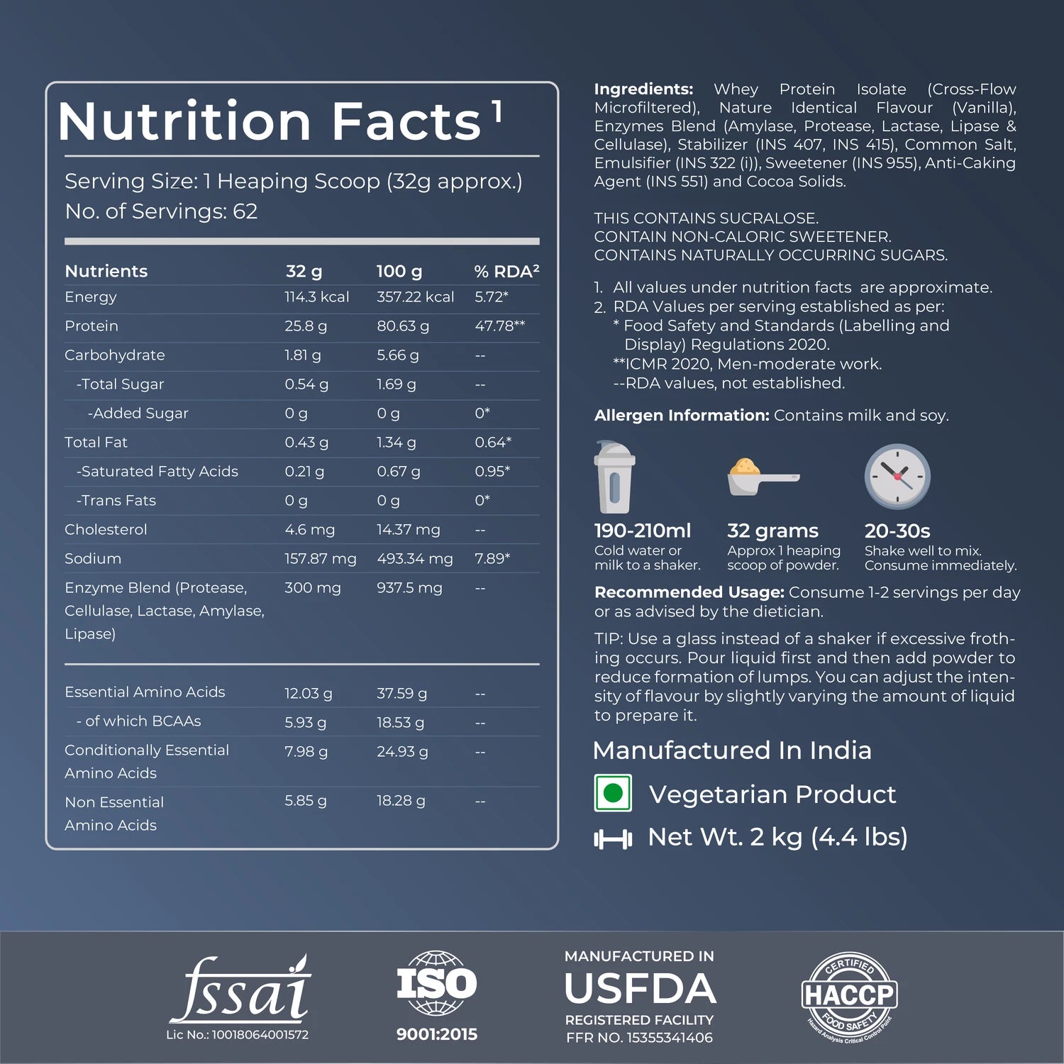 Nutrition facts label with product details on a blue background
