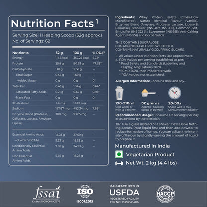 Nutrition facts label with product details on a blue background