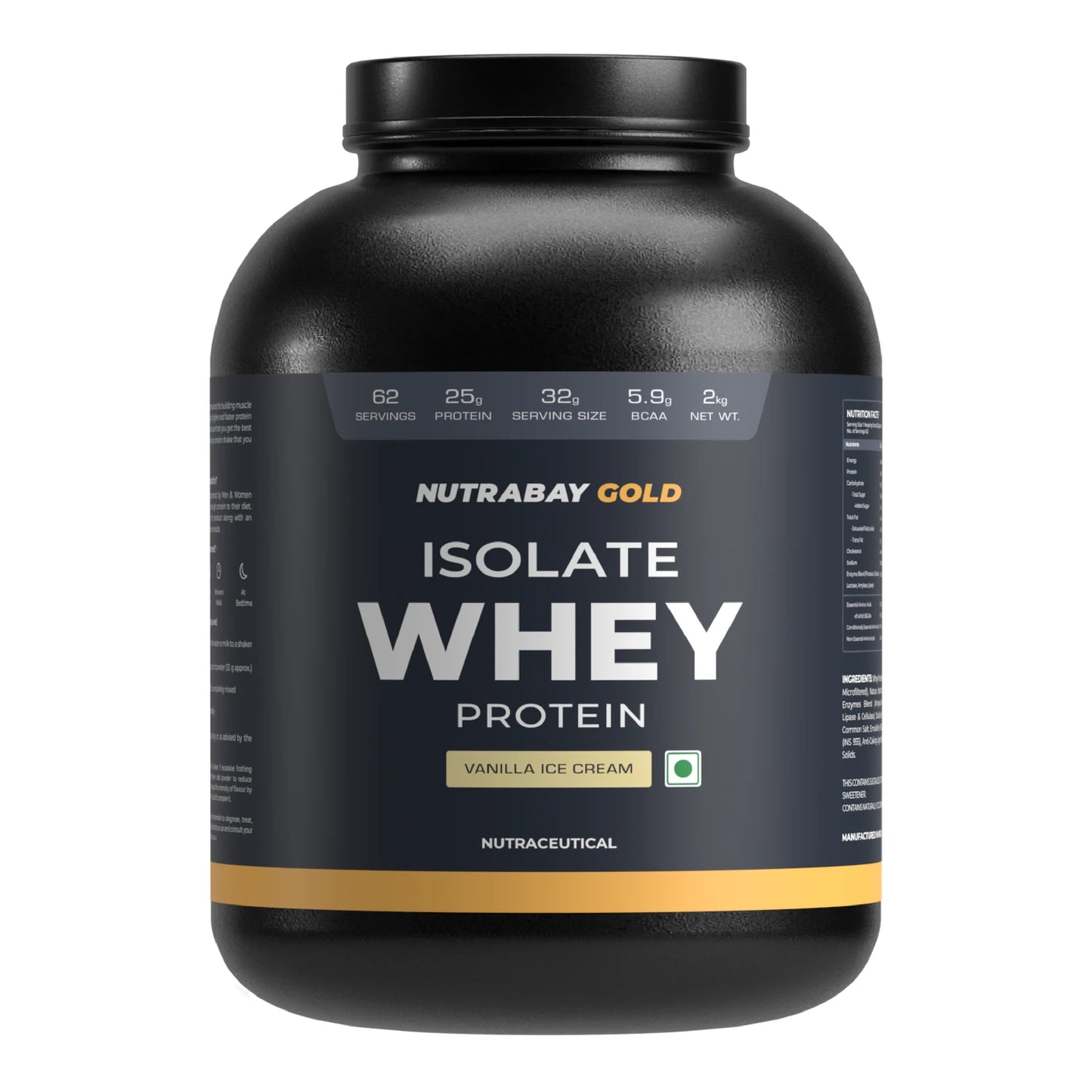 Black container of Nutrabay Gold Isolate Whey Protein with vanilla ice cream flavor on a white background