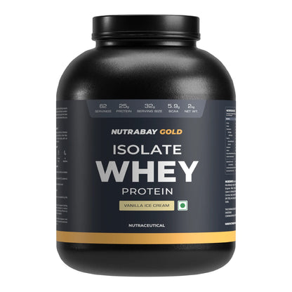Black container of Nutrabay Gold Isolate Whey Protein with vanilla ice cream flavor on a white background