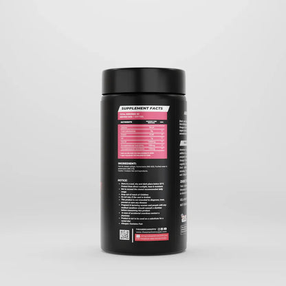 Black supplement container with pink and white label on a light gray background