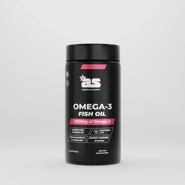 Black container of Omega-3 Fish Oil with American Supps branding on a light gray background
