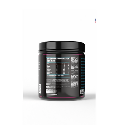 Black supplement container with nutritional information label on a white background